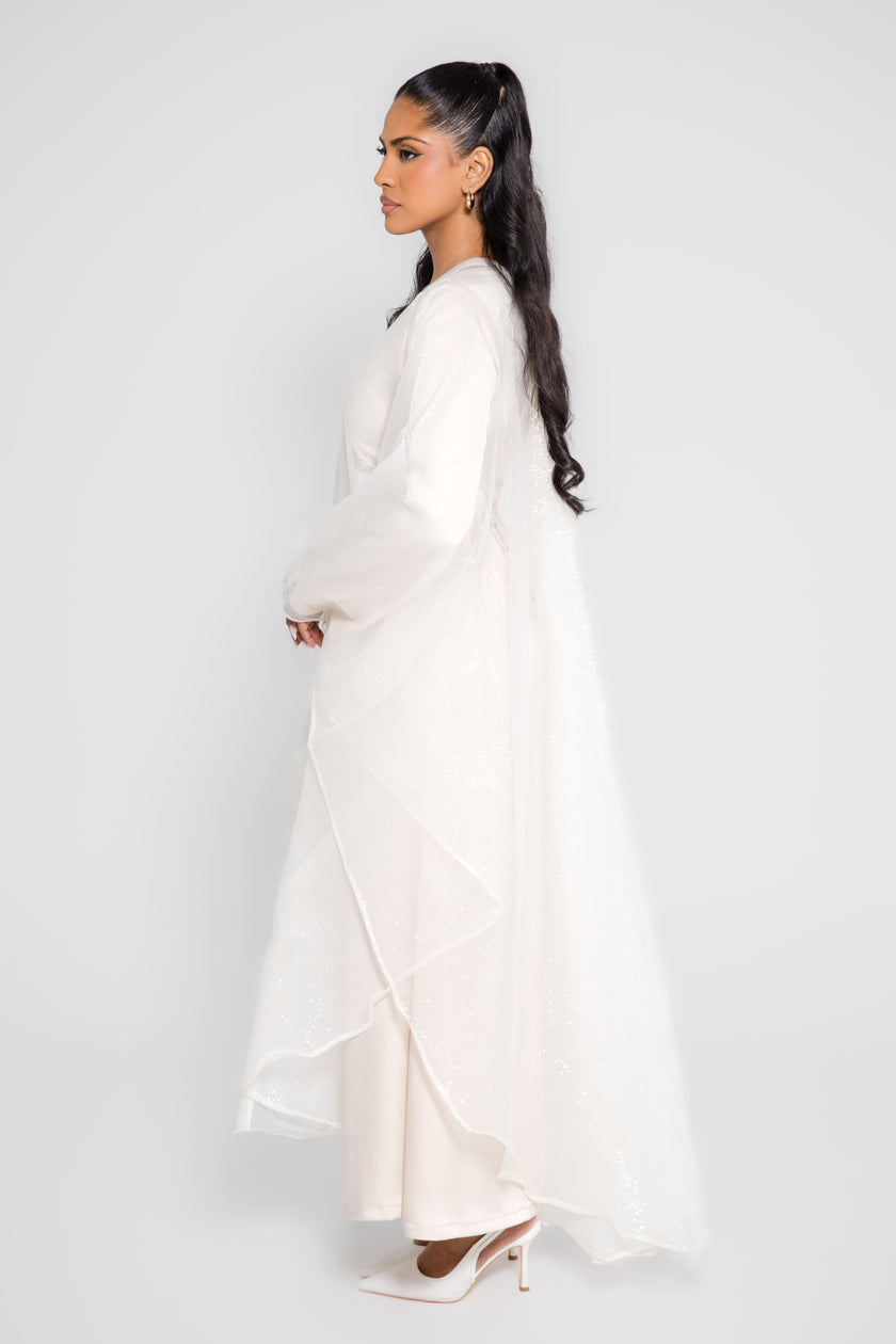 ‘AARA’ Glitter Organza Caftan - Pearl (Inner Abaya not included)