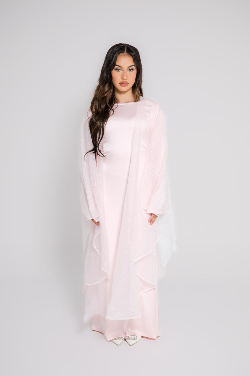 ‘AARA’ Glitter Organza Caftan - Baby Pink (Inner Abaya not included)