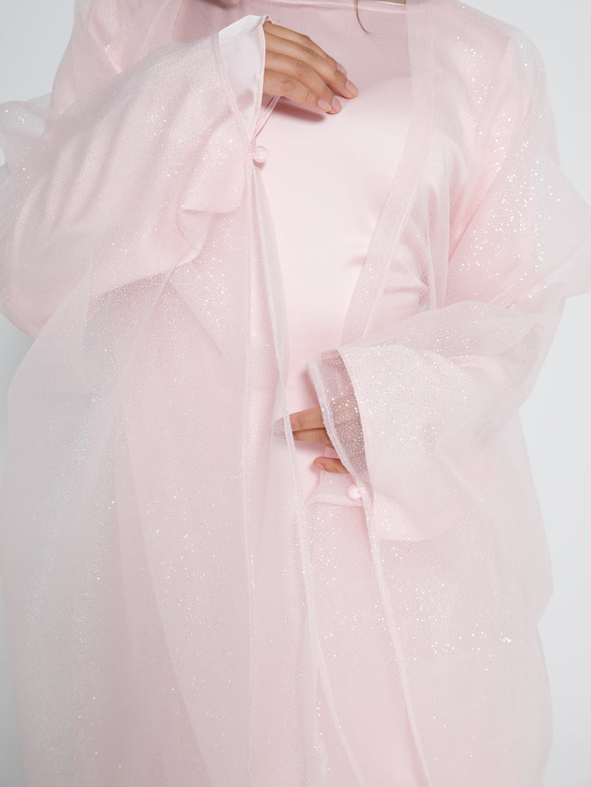 ‘AARA’ Glitter Organza Caftan - Baby Pink (Inner Abaya not included)