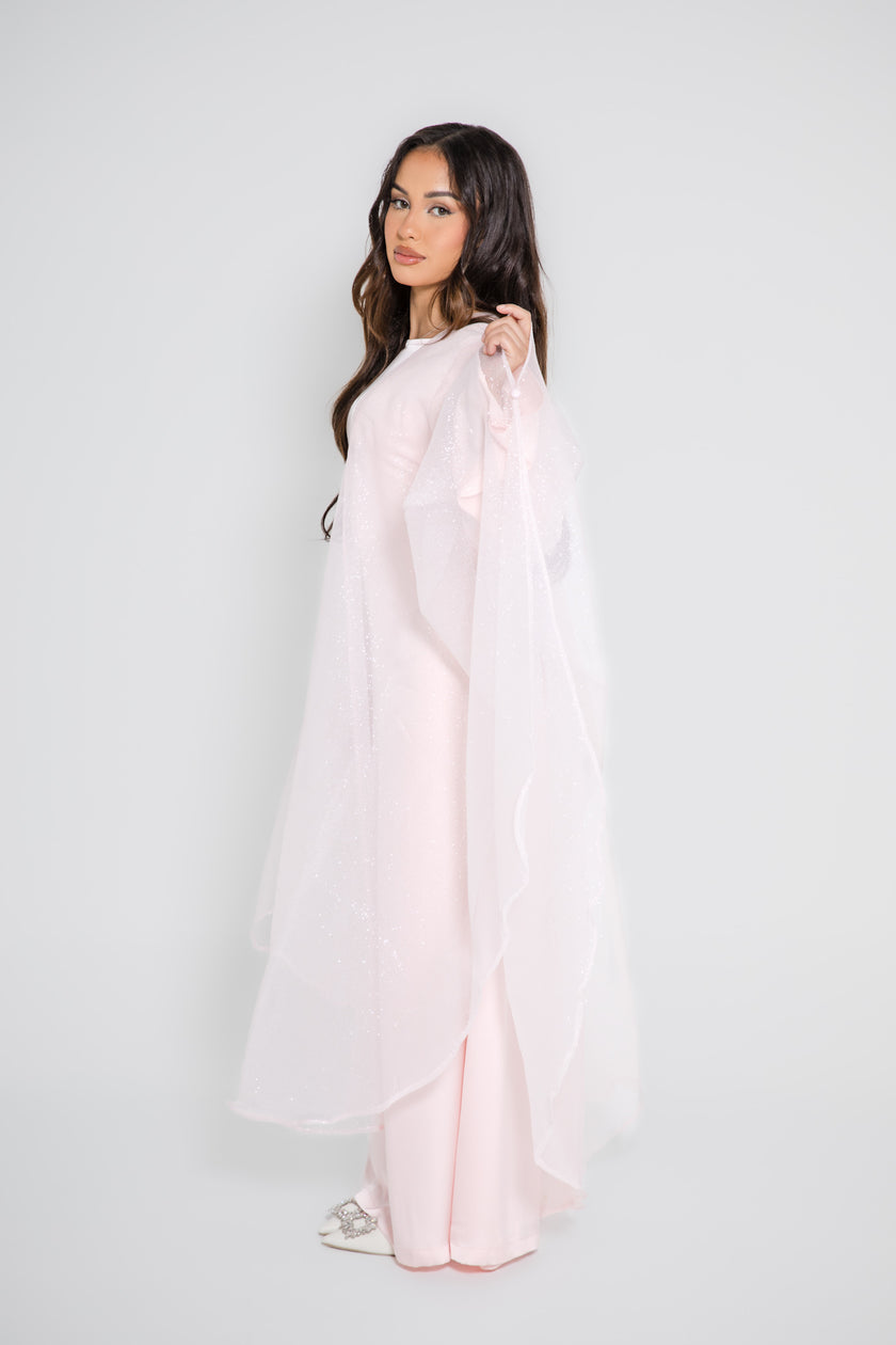 ‘AARA’ Glitter Organza Caftan - Baby Pink (Inner Abaya not included)